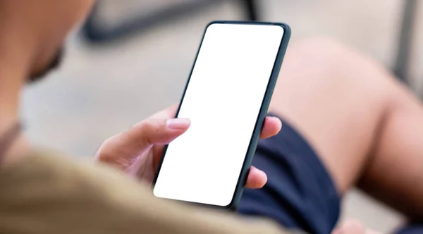 Mockup Bild Leere Weiße Bildschirm Handy Phone Men Hand Halten — Stockfoto