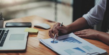 İş kadını, laptopta iş akışıyla çalışıyor.