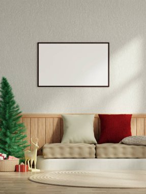 Özelliksiz bir oturma odası köşesinde Noel ağacı sergileniyor ve yastıklar davet ediliyor. Tatil sezonu için sıcak ve davetkar bir ortam yaratıyor..