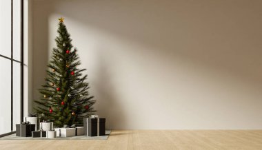 Renkli süsler ve hediyelerle süslenmiş güzel bir Noel ağacı, neşeli ve neşeli bir atmosfer yaratıyor..