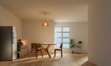 Yuvarlak ahşap bir masa, şık sandalyeler ve davetkar görünümü güçlendiren yumuşak doğal ışık gösteren modern bir yemek alanı..