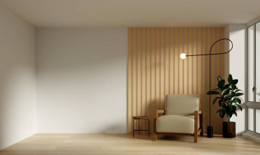 Rahat bir koltuk, duvar aksanları ve rahatlamayı vurgulayan saksı bitkisinin yer aldığı huzurlu bir okuma alanı.