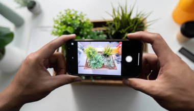 Bir insan telefonuyla bir bitkinin fotoğrafını çekiyor. Bitki ahşap bir kutunun içinde ve diğer bitkilerle çevrili. Telefondaki kişi kameraya doğru bakıyor.