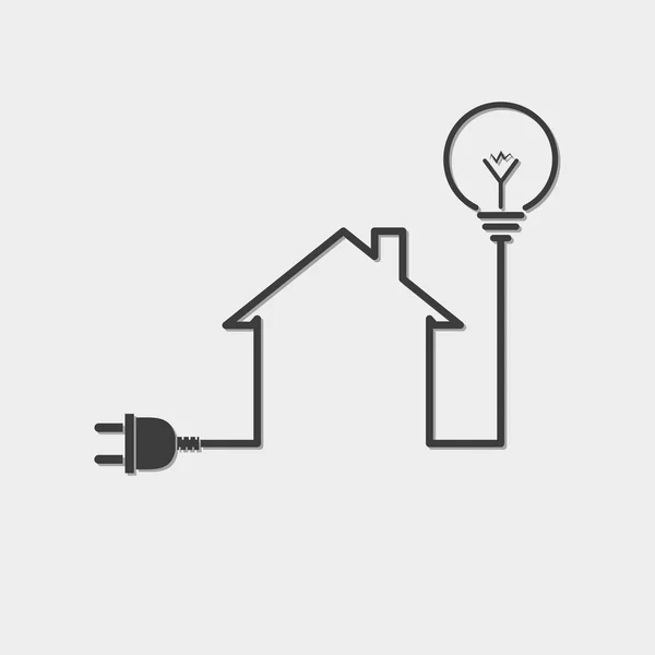 Casa negra con enchufe de alambre y bombilla - ilustración vectorial — Vector de stock