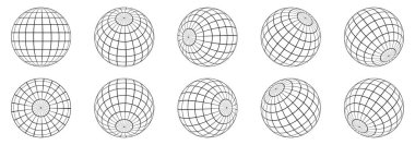 Dünya 'nın 3 boyutlu küreleri. Küre simgeleri farklı açılarda. Vektör çizimi. İzole doğrusal küre ızgarası