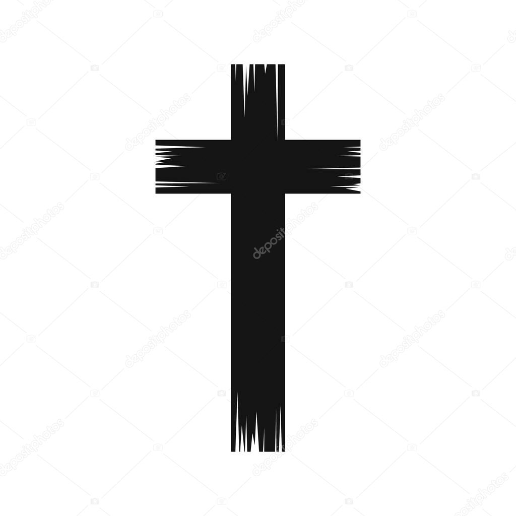 Christian cross icon. Black silhouette of christian cross. Vector illustration. Church icon isolated.
