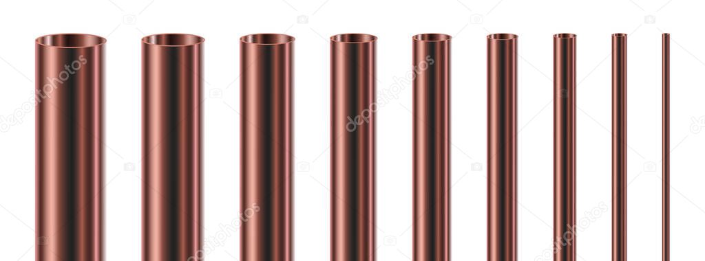 Set of steel or copper pipes, isolated. Vector illustration. Glossy 3d tubes of different diameters.