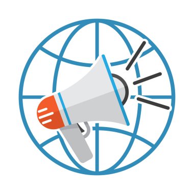 Megafon ikonlu Dünya gezegeni sembolü. Renkli doğrusal dünya simgesi. Vektör çizimi. Dünya sembollü hoparlör simgesi