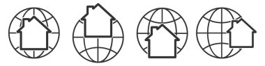 Ev ikonlu Dünya gezegeni sembolü. Doğrusal küre simgeleri kümesi. Vektör çizimi. Dünya sembollü ev simgesi