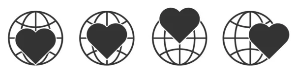Kalp Sembollü Dünya Ikonu Doğrusal Küre Simgeleri Kümesi Vektör Çizimi — Stok Vektör