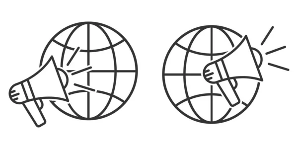 メガホンのアイコンを持つ惑星地球のシンボル 線形地球アイコンのセット ベクトルイラスト 地球のシンボルを持つスピーカーアイコン — ストックベクタ