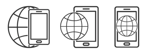 Planet Earth Symbol Med Smartphone Ikon Uppsättning Linjära Glob Ikoner — Stock vektor