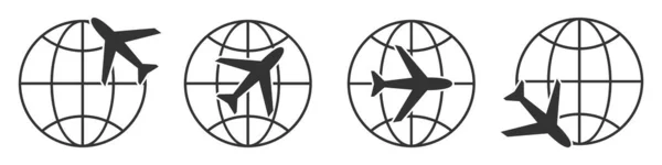 Planet Earth Szimbólum Repülőgép Ikon Lineáris Földgömb Ikonok Vektor Illusztráció — Stock Vector