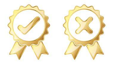 Simgeyi işaretle ve reddet. Altın vektör çizimi. Altın onaylı tabela. Sembolü reddet