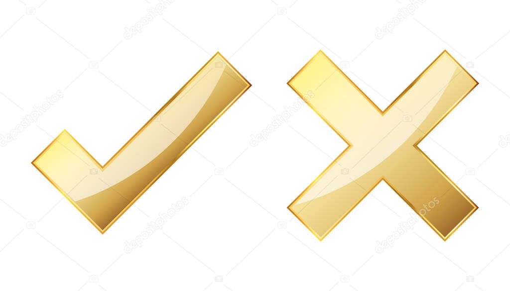 Check and reject icon. Gold vector illustration. Gold approved sign. Reject symbol