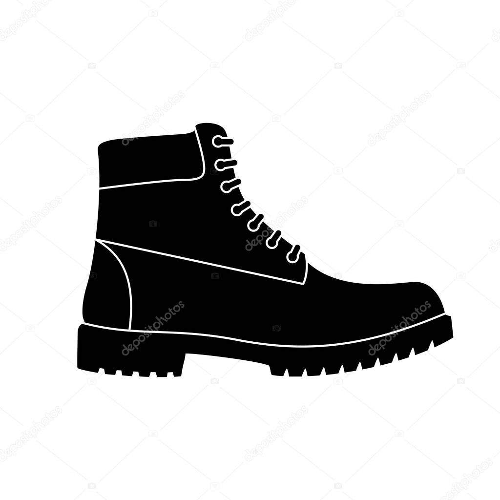 Boot icon. Hiking boots icon. Vector illustration. Black shoe symbol on white background.