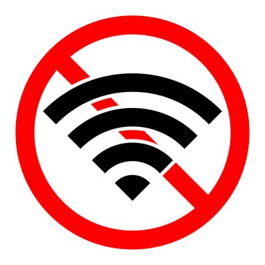 Kablosuz internet sinyali yok. WI-FI yasak. WI-FI simgesiyle kırmızı tabelayı durdur ya da yasakla. Vektör çizimi. Yasak işaret.