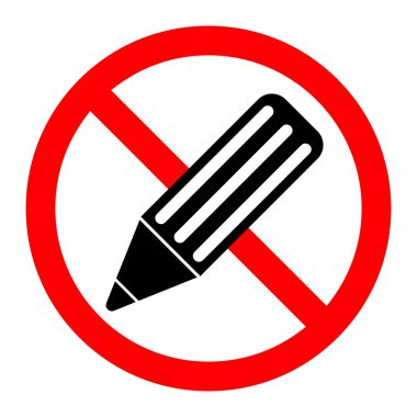 Kalem yasağı simgesi. Kalem yasaktır. Kırmızı yuvarlak işareti kalem simgesiyle durdur ya da yasakla. Vektör çizimi. Yasak işaret.