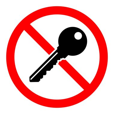 Anahtar yasaktır. Anahtar simgesi yok. Kırmızı yuvarlak işareti anahtar simgesiyle durdur ya da yasakla. Vektör çizimi. Yasak işaret.