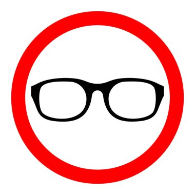 Gözlük yasağı ikonu. Gözlük takmak yasak. Dur ya da kırmızı yuvarlak tabelayı gözlük simgesi ile yasakla. Vektör çizimi. Güneş gözlüğü simgesi yok.