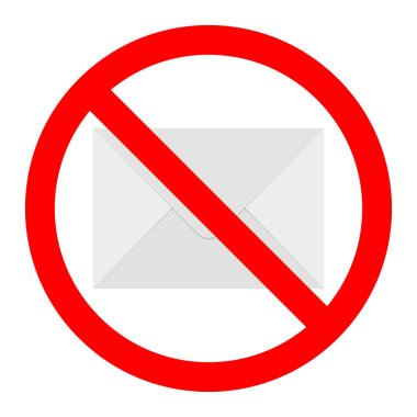 Posta yasağı simgesi. Mektup yasaktır. Kırmızı yuvarlak tabelayı e- posta simgesiyle durdur ya da yasakla. Vektör çizimi. Yasak işaret.
