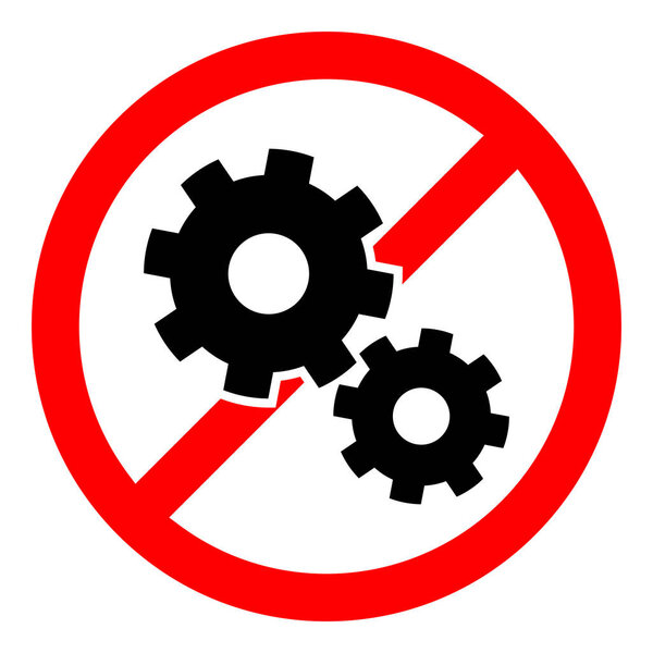 Ref. Cogwheels ban. Передачи запрещены. Остановите или запретите красный круглый знак с иконкой герей. Векторная иллюстрация. Никакой иконы колес.