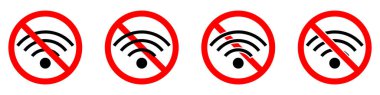 Kablosuz internet sinyali yok. WI-FI yasak. WI-FI simgesiyle kırmızı tabelayı durdur ya da yasakla. Vektör çizimi. Yasak işaretler belirlendi.