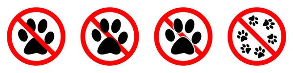 動物の足跡は禁止です 動物の足跡アイコンで赤い丸印を停止または禁止します ベクトルイラスト 禁止標識セット — ストックベクタ