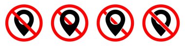 GPS simgesi yok. Harita işaretleyici yasaklama simgesi. Ödül yasaktır. GPS pin simgesiyle kırmızı yuvarlak işareti durdur ya da yasakla. Vektör simgeleri ayarlandı.