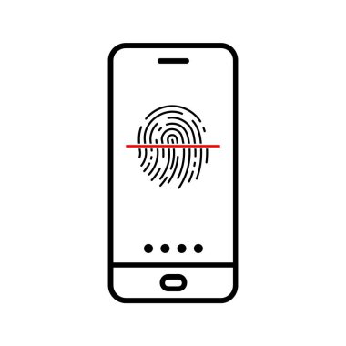 Akıllı telefon ikonu açıyor. Parmak izi tarama simgesi. Vektör çizimi. Kavramsal simgeyi açan telefon.