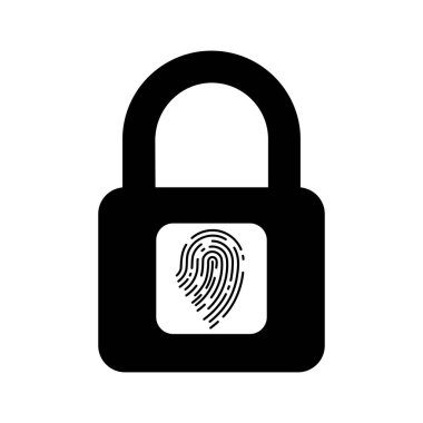 Parmak izli elektronik asma kilit. Parmak izi tarayıcılı asma kilit. Güvenlik konsepti ikonu. Vektör illüstrasyonu