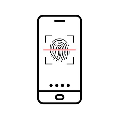 Akıllı telefon ikonu açıyor. Parmak izi tarama simgesi. Vektör çizimi. Kavramsal simgeyi açan telefon.