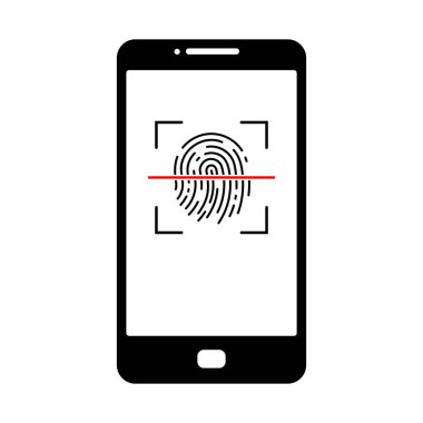 Akıllı telefon ikonu açıyor. Parmak izi tarama simgesi. Vektör çizimi. Kavramsal simgeyi açan telefon.