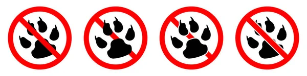 動物の足跡は禁止です 動物の足跡アイコンで赤い丸印を停止または禁止します ベクトルイラスト 禁止標識セット — ストックベクタ