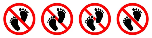 裸足の標識はない 人間の足跡アイコンで赤い丸印を停止または禁止します ベクトルイラスト 禁止標識セット — ストックベクタ
