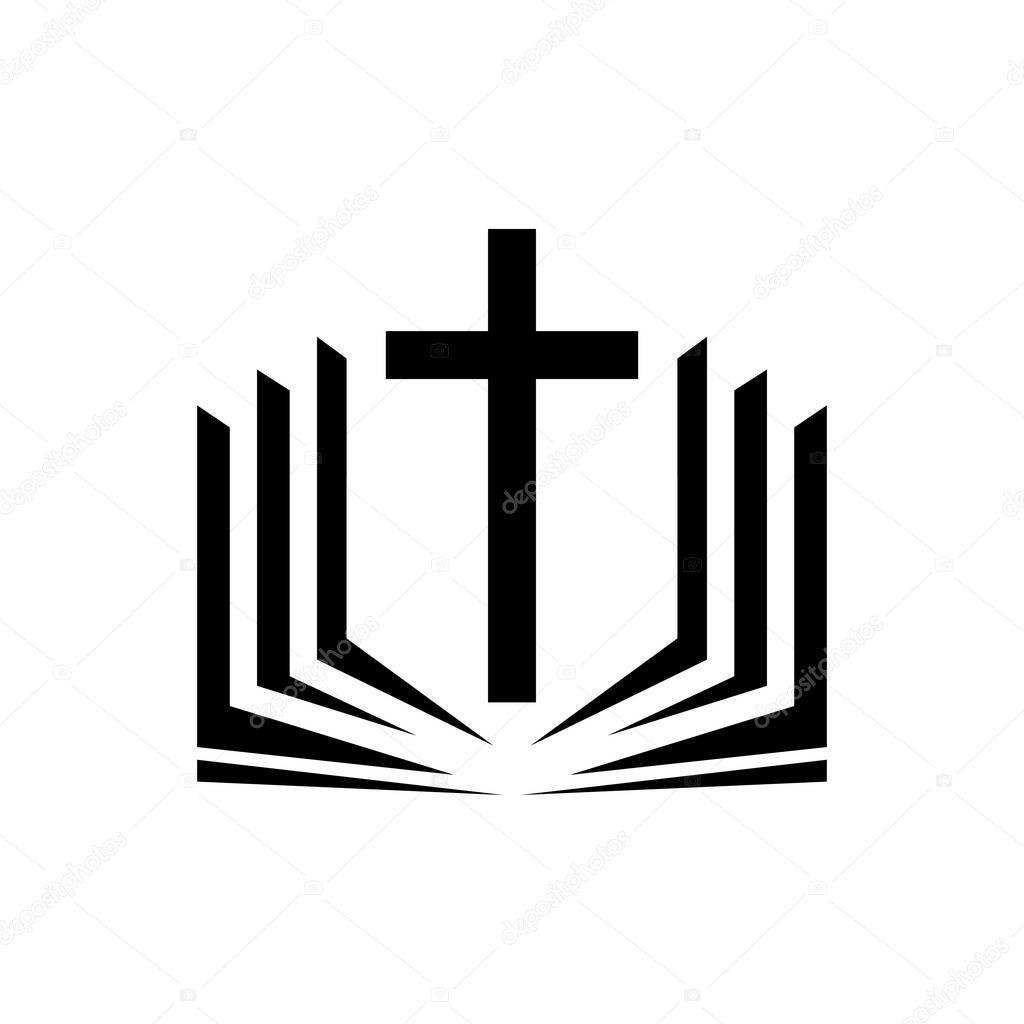 Christian cross icon. Vector christian cross. Black religion logo. Vector illustration. Christian church logo with book sign