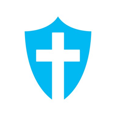 Kalkan simgesi. Üzerinde Hıristiyan haçı sembolü olan siyah kalkan ikonu. Vektör çizimi. Kavramsal din simgesi.