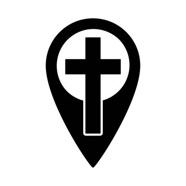 Hristiyan haçı ve harita noktası simgesi. Din GPS sembolü. Vektör çizimi. Kilisenin yeri