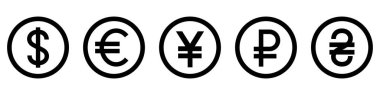 Farklı ülkelerin para birimi işaretleri. Bir dizi siyah para birimi sembolü. Vektör illüstrasyonu.