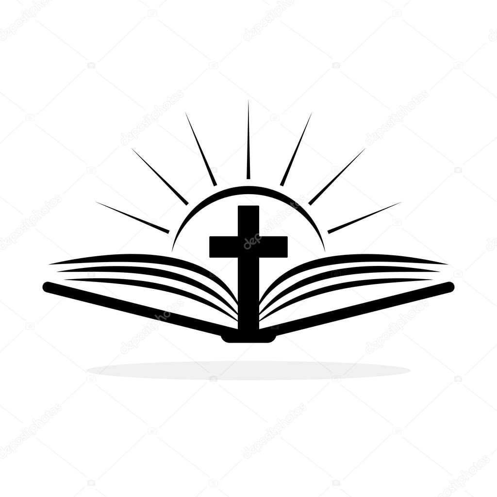 Church logo. Bible with christian cross. Abstract religion symbol. Vector illustration.