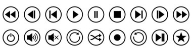 Play, stop and pause buttons. Set of black audio buttons. Vector illustration. Isolated player buttons on white background