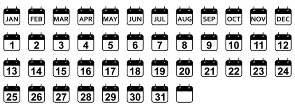 Every Day Month Year Calendar Icons Set Black Calendar Icons — Vetor de Stock