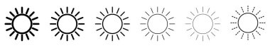 Güneş ikonu. Bir dizi doğrusal güneş ikonu. Vektör çizimi. Güneş vektör simgeleri. Siyah doğrusal güneş simgeleri