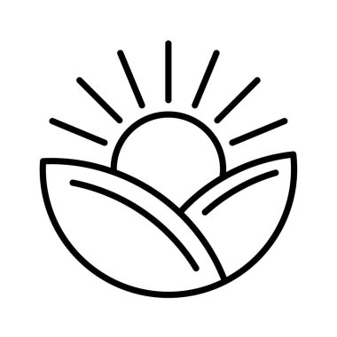 Gün doğumu ikonu. Yaprakların üzerinde gün doğumu. Doğrusal kavramsal simge. Vektör çizimi. Siyah doğrusal ECO simgesi