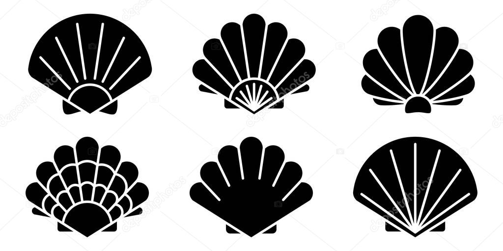 Sea shell icon. Set of pearl shell icons. Vector illustration. Shell vector icons. Black seashell icons