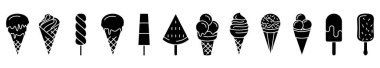 Dondurma ikonları. Siyah dondurma ikonları seti. Vektör dondurma simgeleri izole