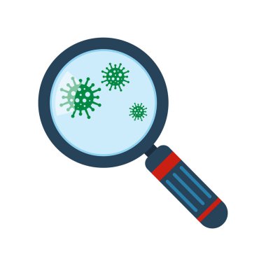 Virüs simgesi. Vektör çizimi. Büyüteç altında Coronavirus. Bakteri denetleme simgesi