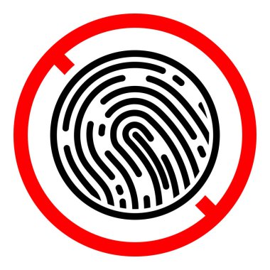Parmak izi yasağı simgesi. Biyometrik verileri işleme yasağı. Parmak izi yok. Parmak izi almak yasaktır. Kırmızı yuvarlak vektör işaretini durdur veya yasakla.