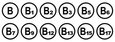 Vitaminler yuvarlak ikonlar. B gruy vitamini. Vektör çizimi. Sağlıklı yaşam konsepti