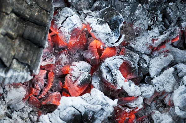 Fuoco dalla legna da ardere con ceneri e fiamme — Foto Stock
